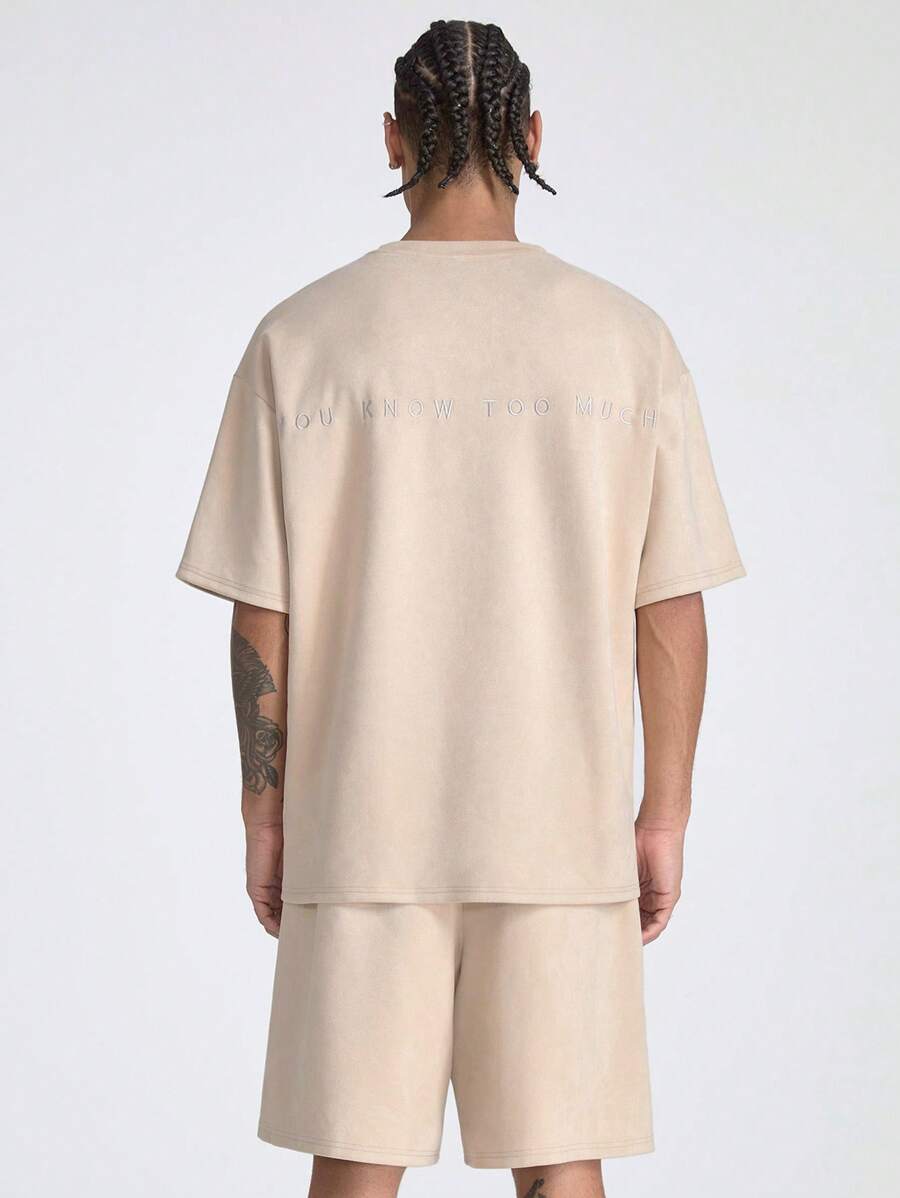 Manfinity VCAY 男士寬鬆圓領短袖T恤，繡有英文字母，適合夏季 - 杏色 - 查看 1