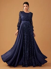 YISIKADO 女士亮片撞色缎面正式晚礼服优雅舞会礼服圆领长袖端庄长裙婚礼宾客晚宴毕业