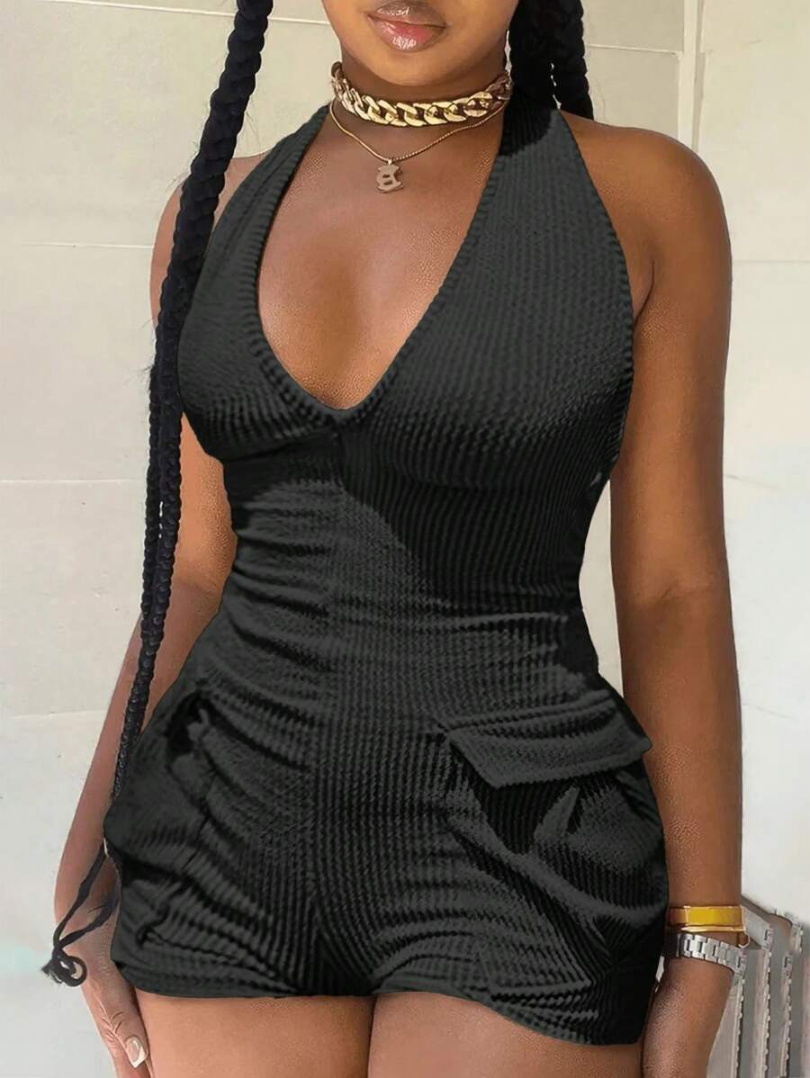 Textured Workwear Shoulder Straps Jumpsuit With Pockets - Black - View 1