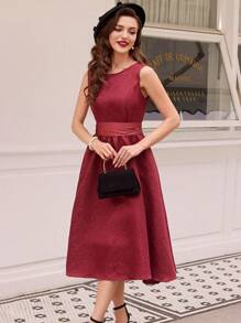 Vintamour Vestido de verano elegante y vintage para mujer con silueta ajustada y acampanada, vestido de paraguas de jacquard, con cinturón y detalles de lazo, vestido de verano para mujeres, vestido de chaleco, vestido de concierto para mujeres, vestido de boda para mujeres, vestido burdeos, atuendos de despedida de soltera, vestido de profesora, atuendos para salir, vestidos rojos para mujeres, vestidos de regreso a casa, vestido de fiesta/graduación - Burdeos - Ver 8