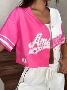 Comfortcana 热粉色字母图案双色落肩短款针织衬衫，短袖上衣 - 彩色 - 查看 10