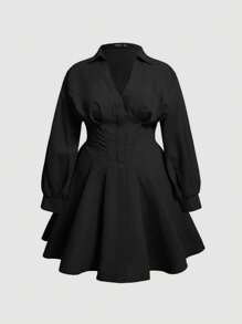 SHEIN MOD 大碼純色長袖A字型夏季連衣裙 - 黑色 - 查看 1