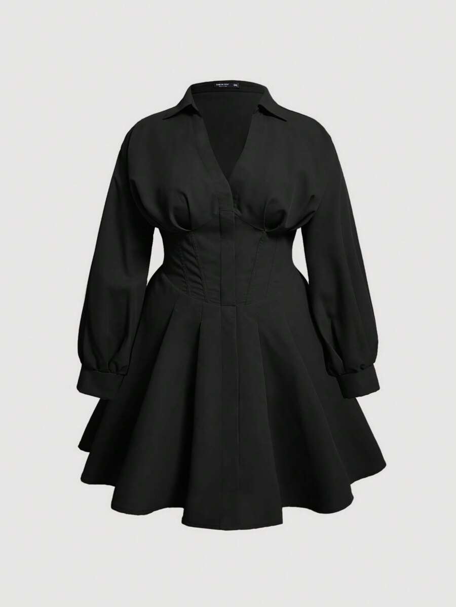 SHEIN MOD 大碼純色長袖A字型夏季連衣裙 - 黑色 - 查看 1