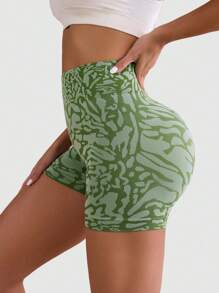 Core Rhythm 女士印花无缝简约日常运动短裤女士运动短裤、健身短裤、骑行短裤 - 綠色 - 查看 6