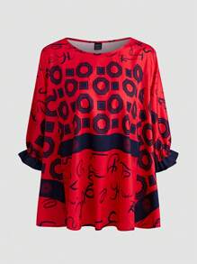 SHEIN LUNE 女士蝙蝠袖不对称印花衬衫 - 紅色 - 查看 1