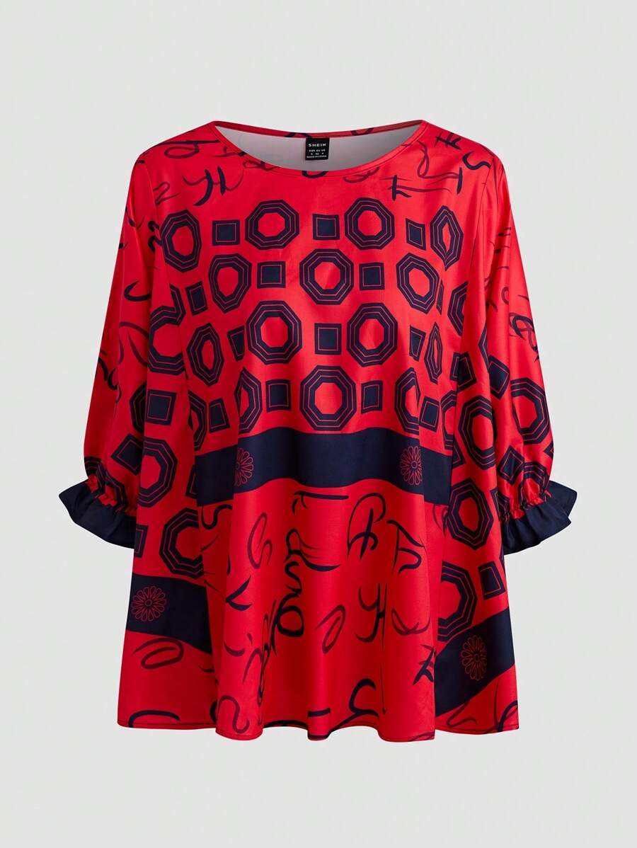 SHEIN LUNE 女士蝙蝠袖不对称印花衬衫 - 紅色 - 查看 1