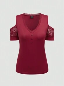 SHEIN LUNE Camiseta de mujer con cuello tejido de encaje con mangas cortas, diseño de hombros descubiertos, botones decorativos y ajuste debajo de la camiseta - Burdeos - Ver 1