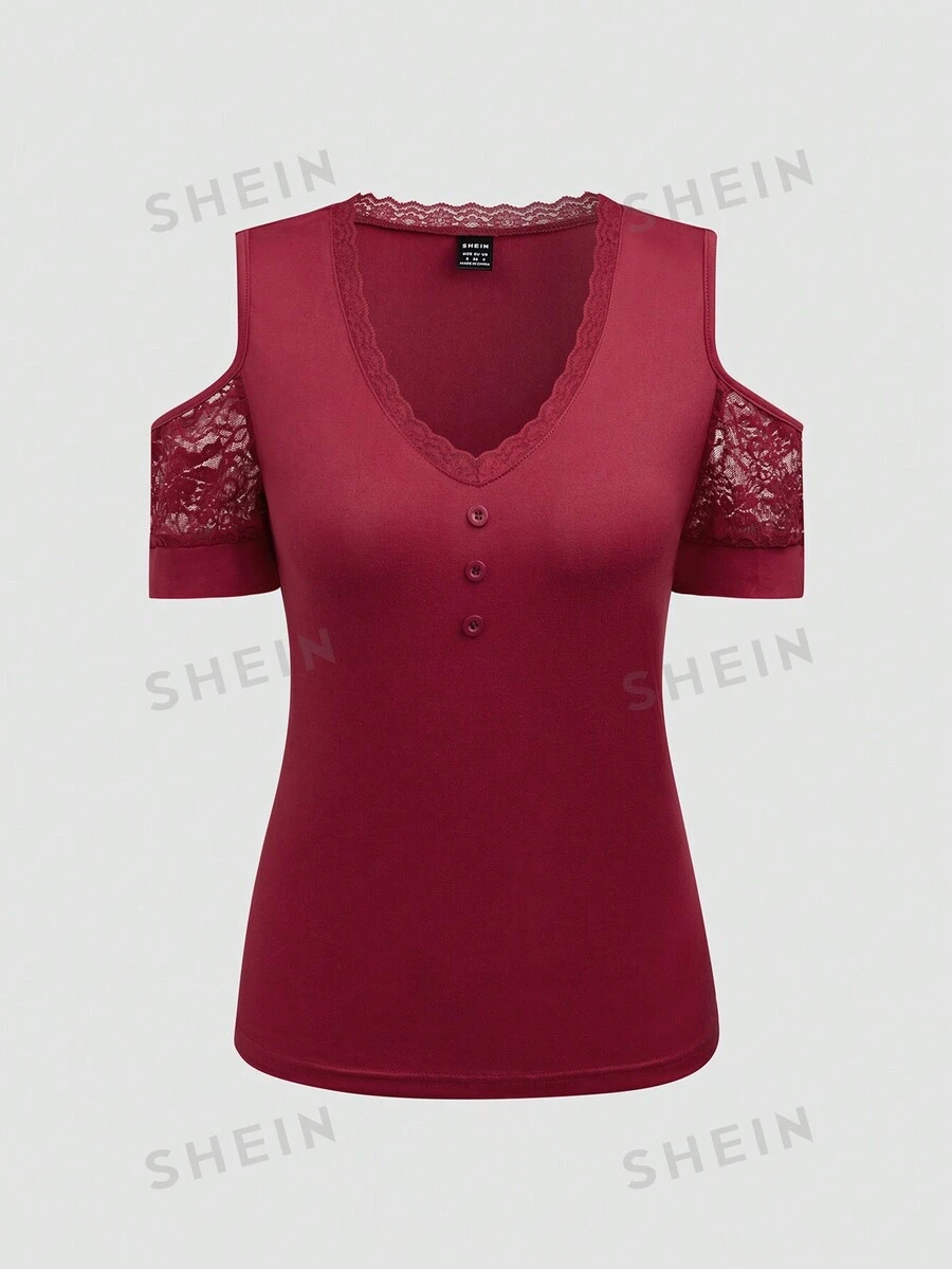 SHEIN LUNE Camiseta de mujer con cuello tejido de encaje con mangas cortas, diseño de hombros descubiertos, botones decorativos y ajuste debajo de la camiseta - Burdeos - Ver 1