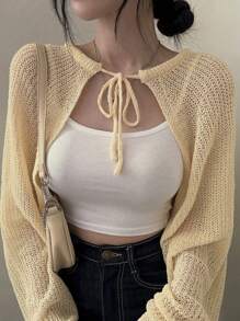 DAZY Áo len nữ dài tay khoét rỗng có cà vạt phía trước - Màu vàng - Xem 3