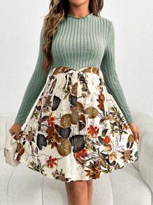 SHEIN Maternity Long Sleeve Daily Casual Rib Knit Plant Print Dress - Army Green - View 6