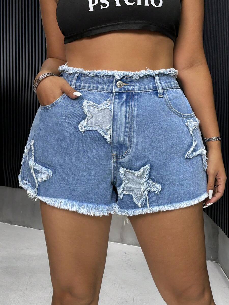 SHEIN ICON Plus Star Print Raw Hem Denim Shorts - Medium Wash - View 1