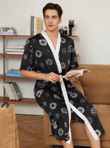 Men Sun & Moon Print Contrast Trim Belted Satin Robe - Black - View 3