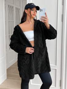 SHEIN EZwear Plus Size Coat With Barley Texture Jacquard Thermal, For Winter Fall Autumn - Black - View 4