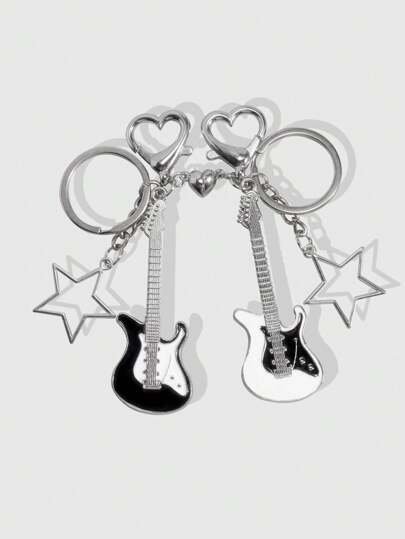 ROMWE Grunge Punk 2pcs Y2K Guitar Keychain, Suitable For Couples Or Friendship Keychains
