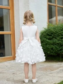 SHEIN Glamorique Kids Daily Casual Elegant 3D Flower Mesh Girls' Dress, Ideal For Wedding/Prom, Spring/Summer, Puffy Skirt - White - View 6
