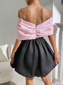 Zolique Vestido sencillo diario de hombros descubiertos de bloque de color para mujeres - Negro - Ver 2