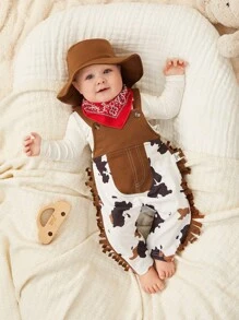SHEIN Newborn Baby Boy/Girl Persoplay 3-Piece Western Cow Printed Romper Set With Suspenders And Brown Suede Cowboy Hat, Paired With Peru Geometric Printed Scarf, Exuding Wildness And Cuteness - Multicolor - View 5