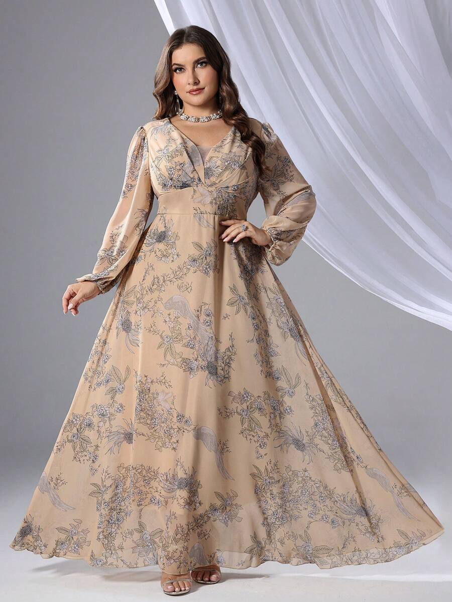 Rochie elegantă cu mânecă lanternă cu imprimeu floral mărimi plus