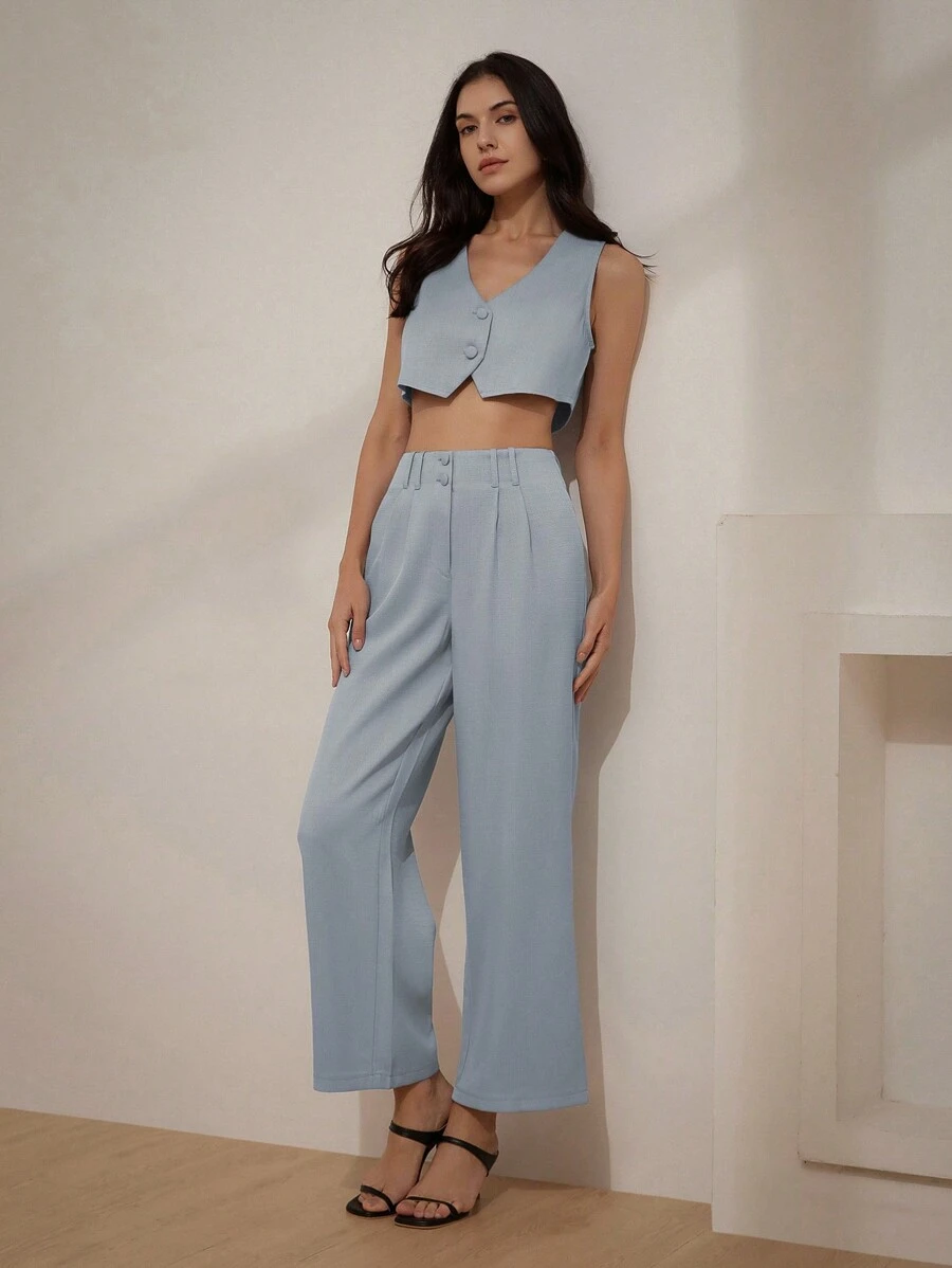 Aveloria Modichic Professional Texture V-Neck Crop Top And High Waist Pleated Pants Women's Two-Piece Set For Commuting