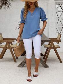 SHEIN LUNE Puff Sleeve Button Detail Denim Top For Summer