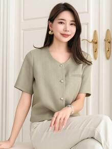 DAZY Áo khoác cổ tròn ngắn tay thường ngày dành cho nữ, Xuân/Hè - Màu xanh Bạc hà - Xem 9