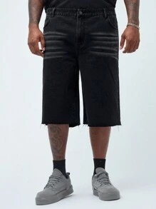 Manfinity EZcore Men's Plus Size Loose Fit Denim Shorts With Patchwork And Frayed Hem Design - Black - View 3