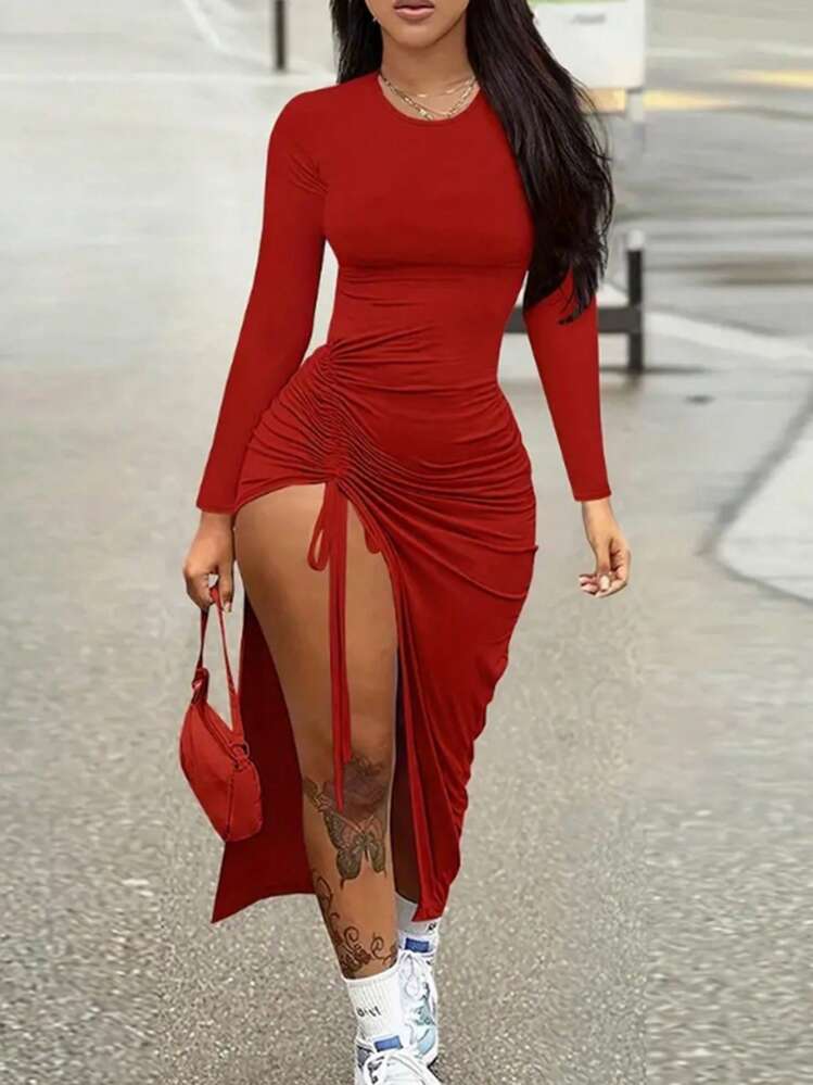 SHEIN Slayr 大尺碼休閒純色束腰分裙，春/夏款 - 紅色 - 查看 1