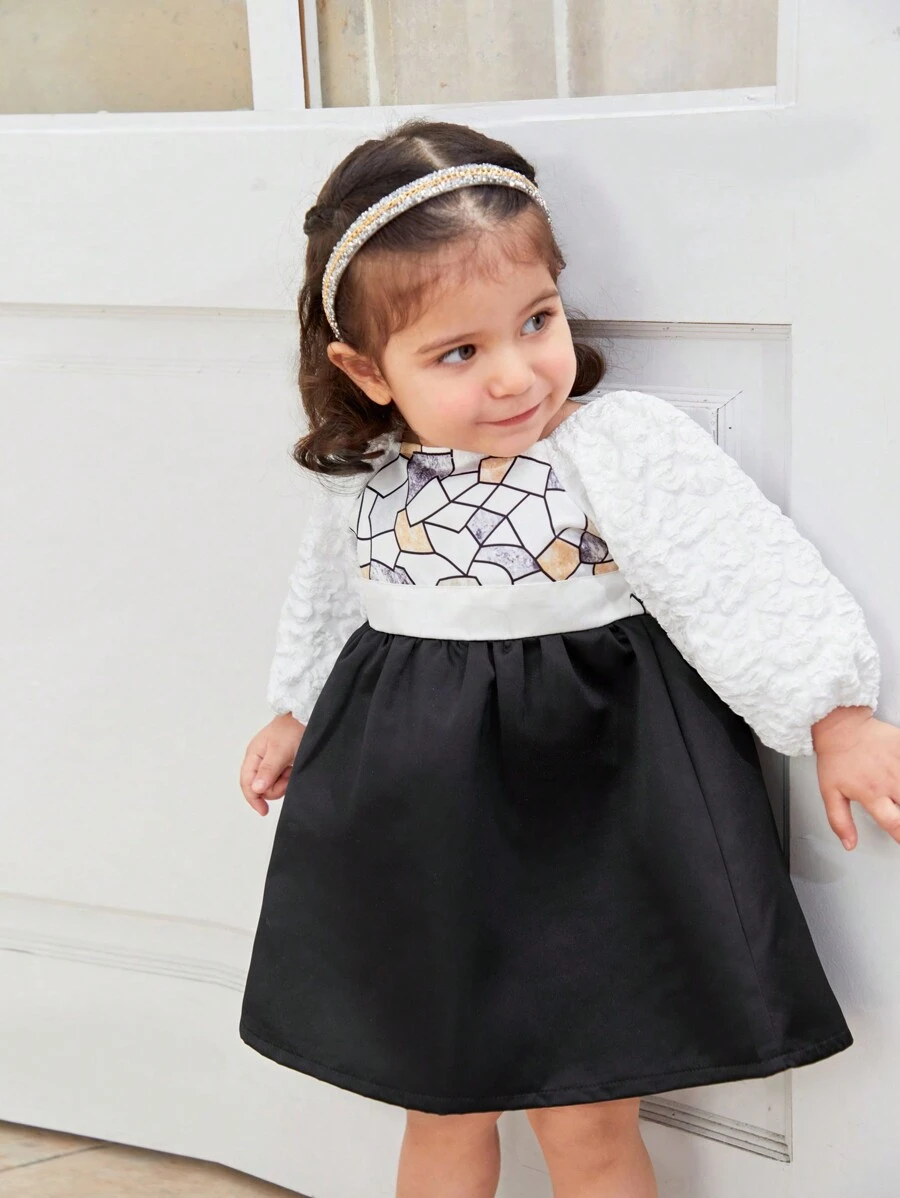 Baby Girls' Autumn Ladylike Lantern Sleeve Embossed Jacquard Black And White Party Dress - Multicolor - View 1