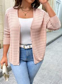 SHEIN LUNE 大尺碼純色V領修身長袖開襟羊毛衫，適合日常休閒和度假 - 杏色 - 查看 5