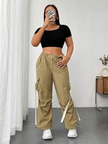 Flirla 大码女式多口袋编织腰带工装裤