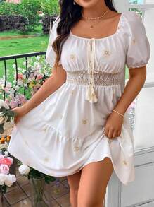 Flirla Digital Printing Plus Size Summer Elegant Dress With Ruffle Trim And Square Neckline Short Sleeves - Beige - View 5