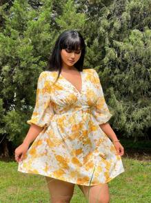 Flirla 大码V领全身印花女式时尚夏季连衣裙度假沙滩装 - 黃色 - 查看 5