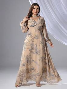 Rochie elegantă cu mânecă lanternă cu imprimeu floral mărimi plus