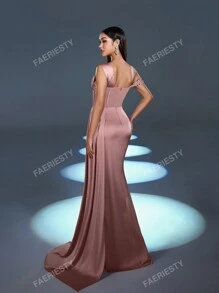 Faeriesty Elegant Sophisticated Satin Asymmetric Maxi Dress With Sequin-Decor Shoulder & Fish-Tailed High-Waisted Slit | Dramatic Evening Look For Galas, Parties Or Luxury Events Party Dress Wedding Guest Dress Formal Dress,Gown