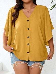 SHEIN LUNE 大碼夏季休閒寬鬆蝙蝠袖襯衫，胸前鈕扣裝飾 - 黃色 - 查看 7