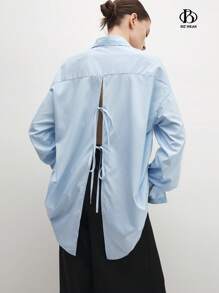 BizChic Blusa de escritório de negócios feminino, elegante estilo viajante azul listrado laço colarinho camisa solta - Azul - Ver 8