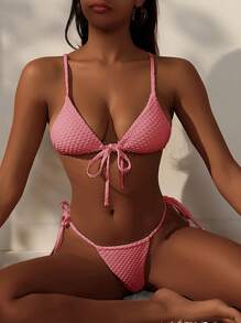 SHEIN Swim Tie Front Triangle Tie Side Bikini Set Summer - Dusty Pink - View 5