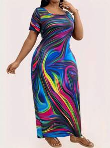 Maweii Vestido maxi de manga corta con cuello cuadrado para mujer de talla grande