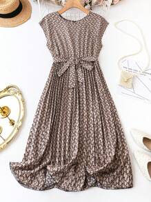 SHEIN Clasi 大尺碼女性幾何圖案印花圓領長裙 - 杏色 - 查看 1