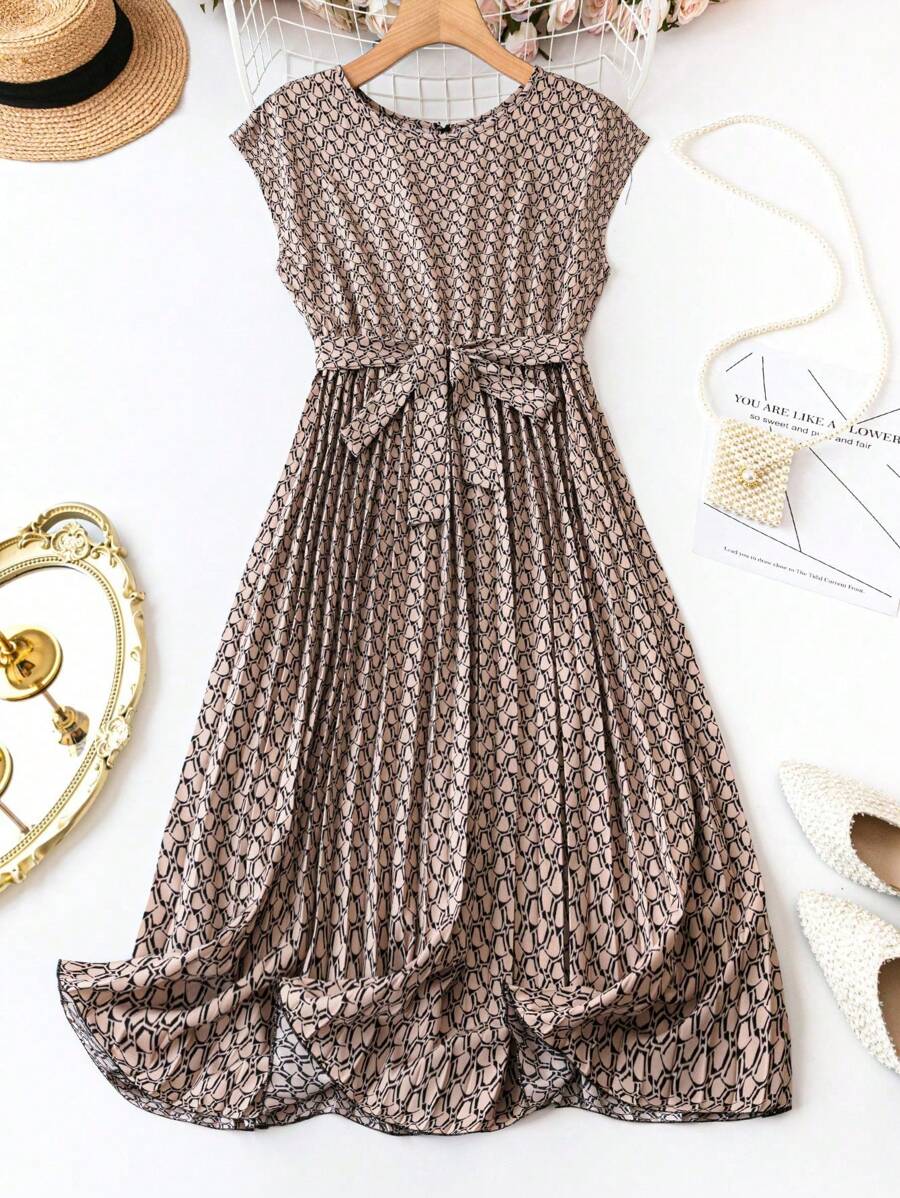 SHEIN Clasi 大尺碼女性幾何圖案印花圓領長裙 - 杏色 - 查看 1