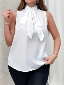 SHEIN Privé 加大尺碼無袖基本蝴蝶結夏季衫，優雅通勤風格 - 白色 - 查看 4