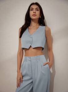 Aveloria Modichic Professional Texture V-Neck Crop Top And High Waist Pleated Pants Women's Two-Piece Set For Commuting