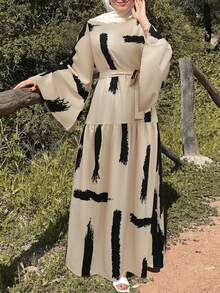 Váy Abaya phong cách Ả Rập thường ngày in họa tiết ngẫu nhiên cho nữ, giản dị - Màu Khaki - Xem 3