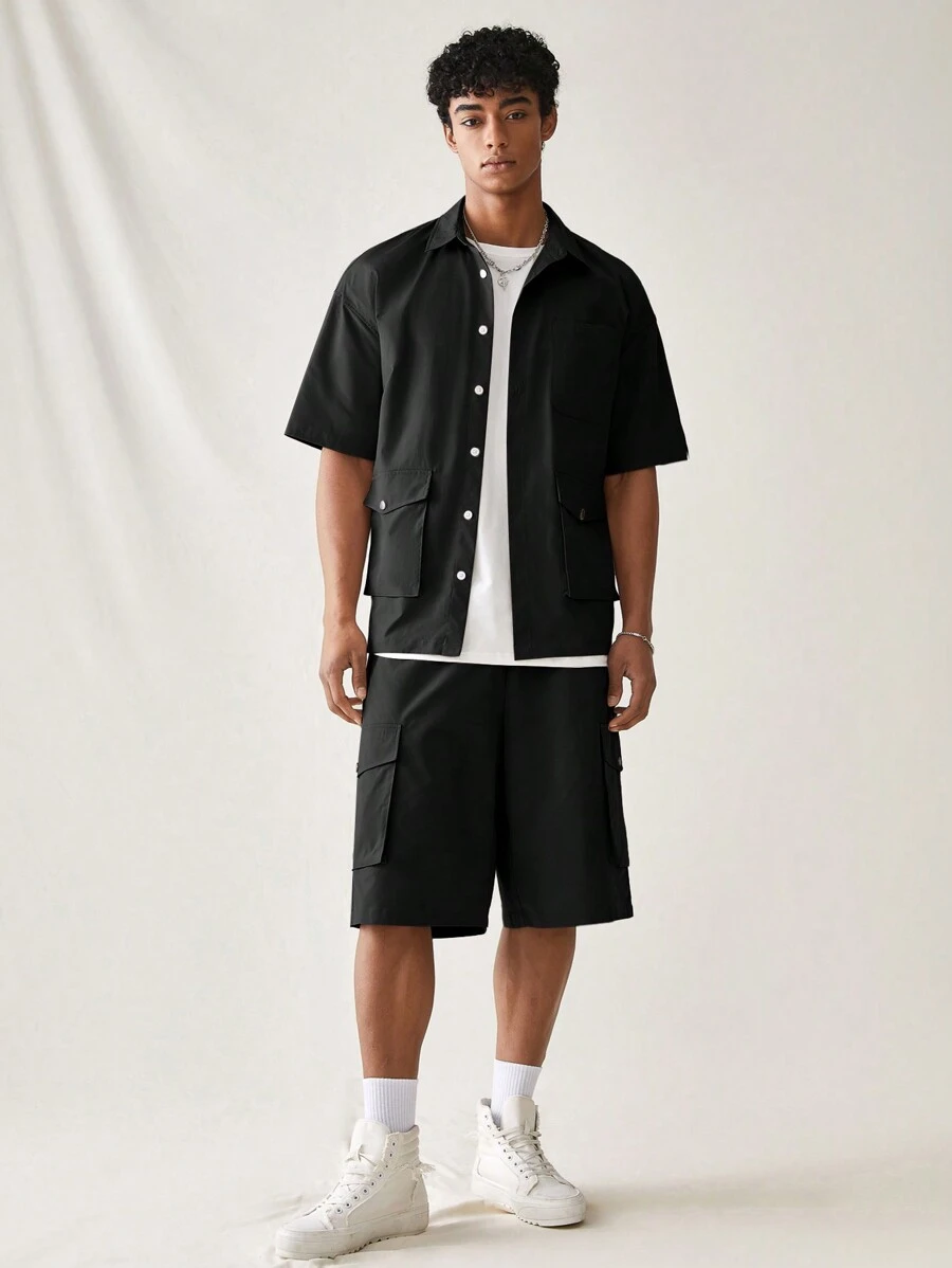 SWAVVY Men's Summer Solid Color Workwear Woven Casual Shirt & Shorts Set With Pockets