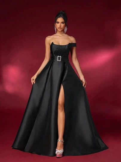 Glamrae Elegant Black Atmosphere Sheath One Shoulder Bust Pleated Fishbone Luxury Drill Buckle A Hem High Split Back Width Adjustable Strap Dating Bachelorette Party Wedding Event Back To School Season Heavy Duty Evening Gowns