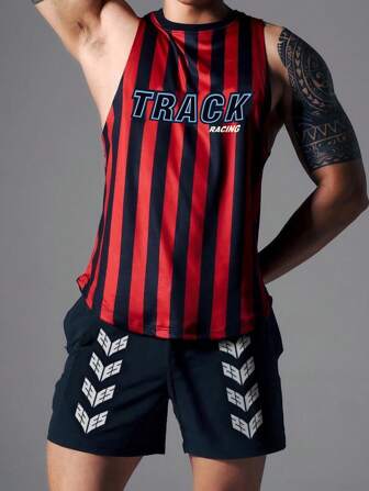 Conjunto vintage rojo de top de tirantes y pantalones cortos a rayas para entrenamiento muscular, kit clásico de top de carreras para hombres culturistas