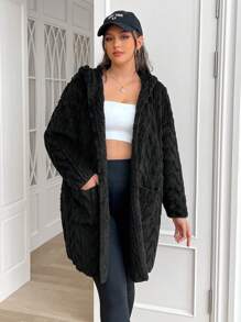 SHEIN EZwear Plus Size Coat With Barley Texture Jacquard Thermal, For Winter Fall Autumn - Black - View 7