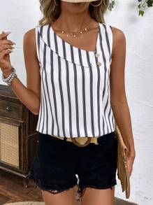 SHEIN LUNE 夏季女士不对称领装饰纽扣条纹面料休闲度假无袖衬衫 - 彩色 - 查看 6