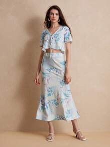 GENKIRA Random Fresh Flower Print Lace-Up Sexy High Waist Ruffle Hem Short Sleeve Long Dress Set - Multicolor - View 2
