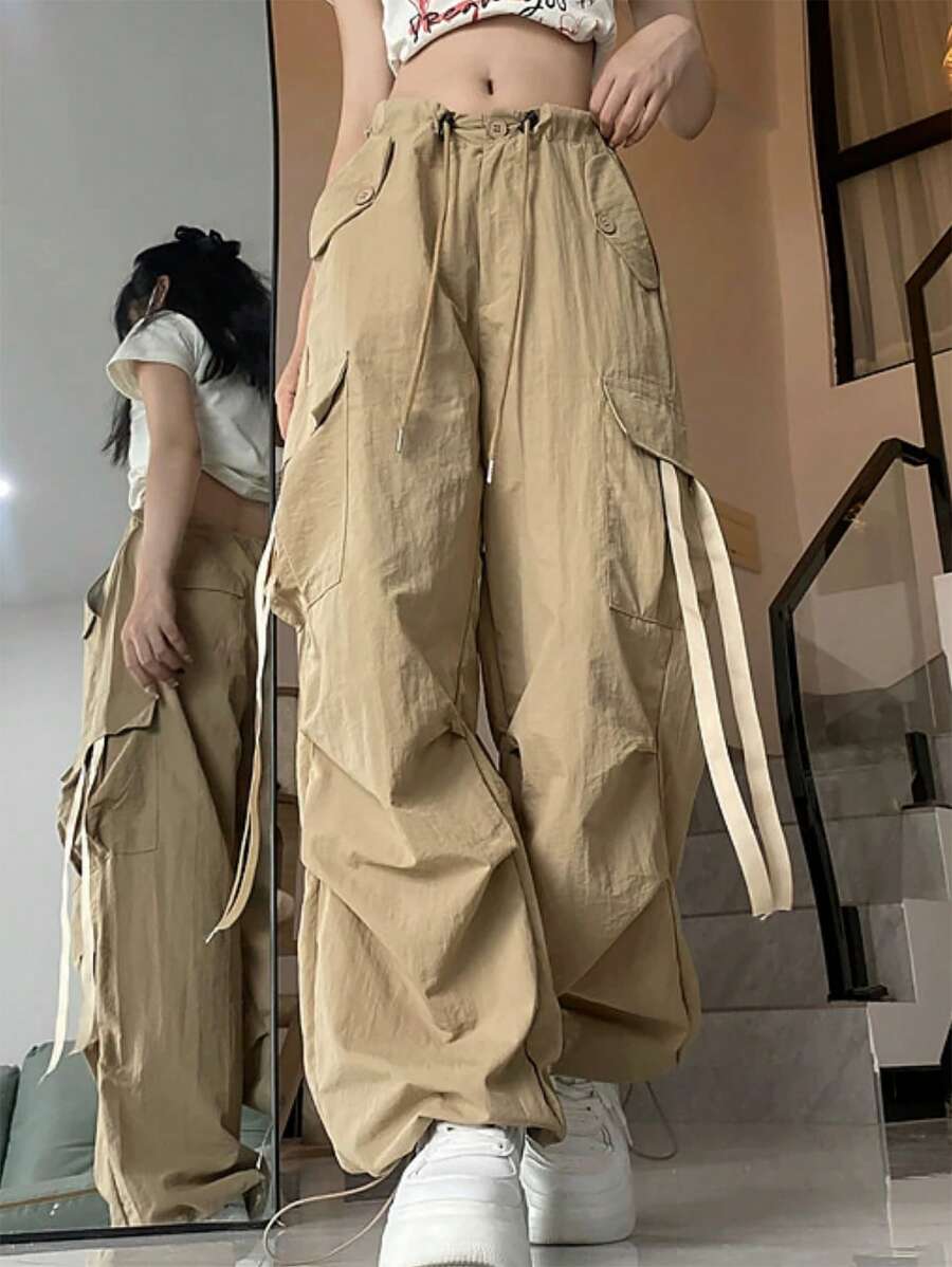 Flirla 大码女式多口袋编织腰带工装裤